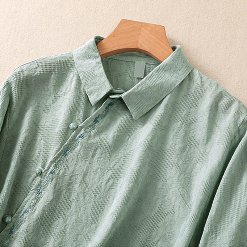 Buddha Stones秋 刺繍 アシンメトリーデザイン カエルボタン レディース コットン 長袖シャツ - image 2