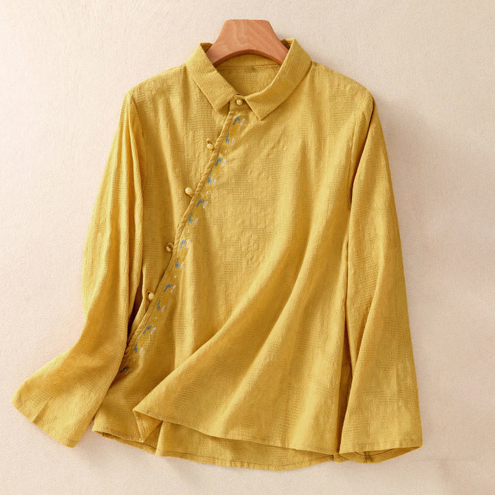 Buddha Stones秋 刺繍 アシンメトリーデザイン カエルボタン レディース コットン 長袖シャツ - 金 - US8-10，UK/AU12-14，EU40-42 (2XL) - image 24
