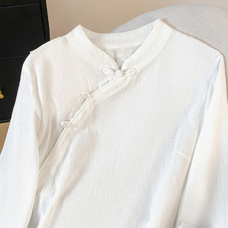 Buddha Stones通勤用ジャカード チャイニーズフロッグボタン マンダリンカラー 長袖 レディース コットンシャツ - image 13