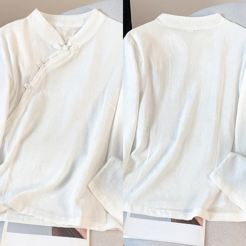 Buddha Stones通勤用ジャカード チャイニーズフロッグボタン マンダリンカラー 長袖 レディース コットンシャツ - image 18