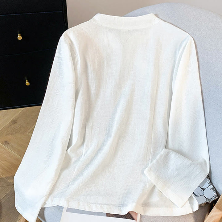 Buddha Stones通勤用ジャカード チャイニーズフロッグボタン マンダリンカラー 長袖 レディース コットンシャツ - image 11