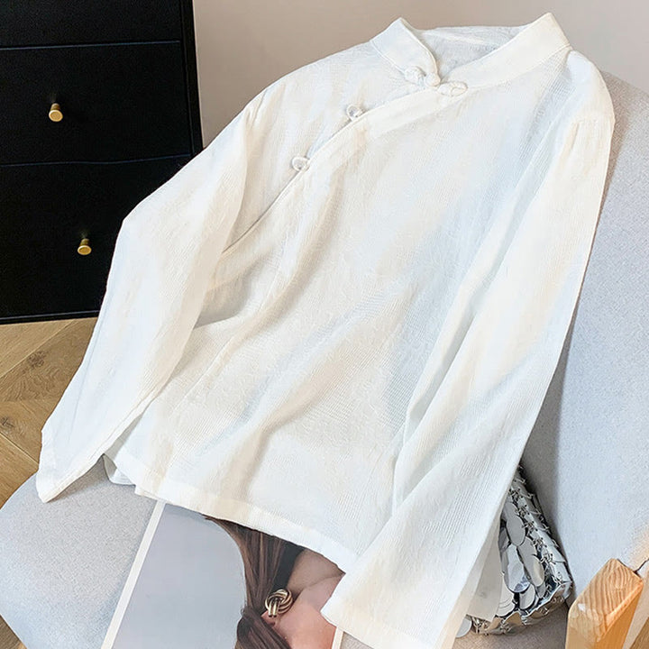 Buddha Stones通勤用ジャカード チャイニーズフロッグボタン マンダリンカラー 長袖 レディース コットンシャツ - image 12