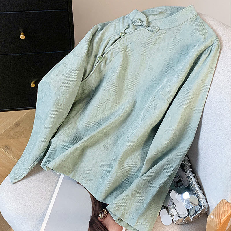 Buddha Stones通勤用ジャカード チャイニーズフロッグボタン マンダリンカラー 長袖 レディース コットンシャツ - image 2