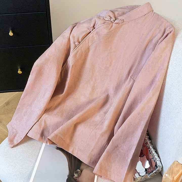 Buddha Stones通勤用ジャカード チャイニーズフロッグボタン マンダリンカラー 長袖 レディース コットンシャツ - image 22