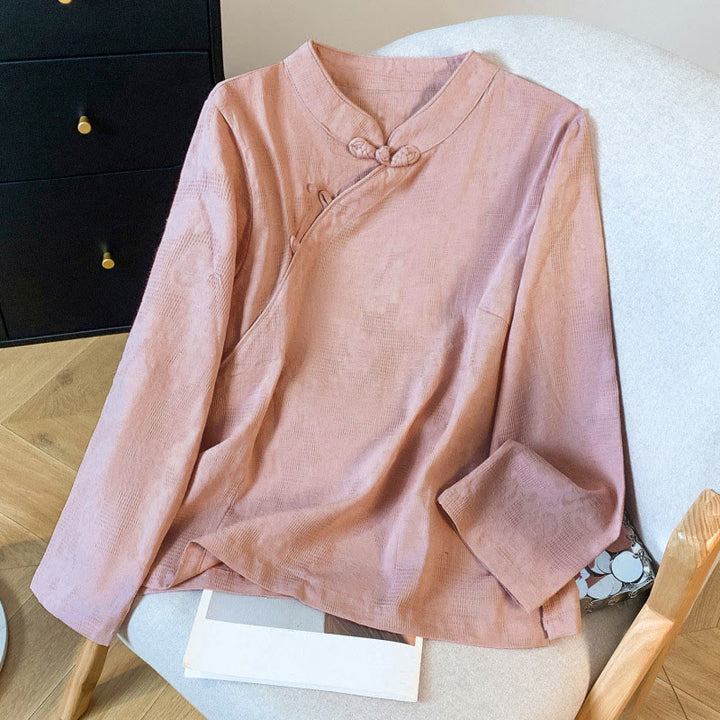 Buddha Stones通勤用ジャカード チャイニーズフロッグボタン マンダリンカラー 長袖 レディース コットンシャツ - ダークサーモン - US8-10，UK/AU12-14，EU40-42 (2XL) - image 20