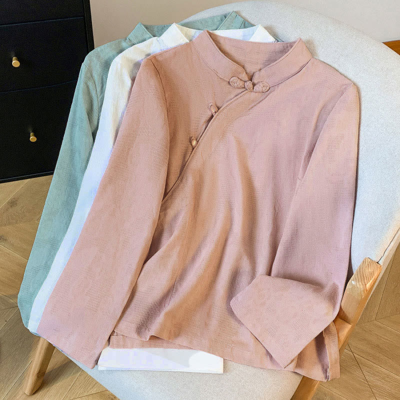 Buddha Stones通勤用ジャカード チャイニーズフロッグボタン マンダリンカラー 長袖 レディース コットンシャツ - image 29