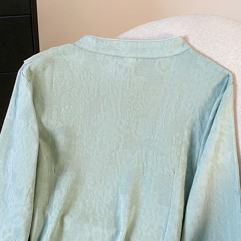 Buddha Stones通勤用ジャカード チャイニーズフロッグボタン マンダリンカラー 長袖 レディース コットンシャツ - image 4