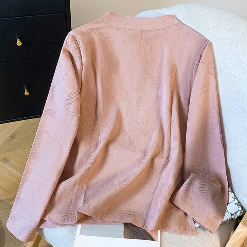 Buddha Stones通勤用ジャカード チャイニーズフロッグボタン マンダリンカラー 長袖 レディース コットンシャツ - image 21