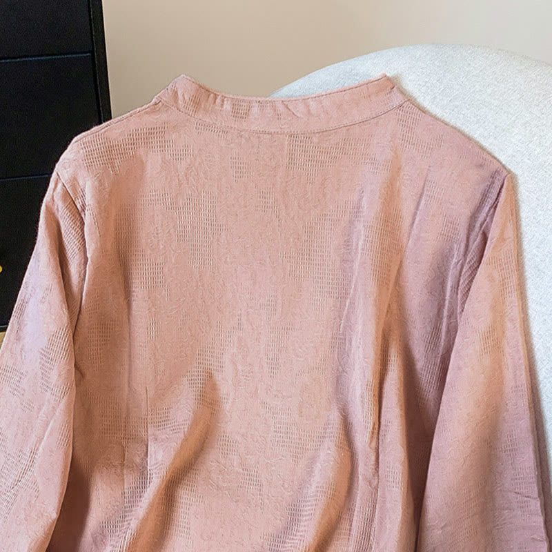 Buddha Stones通勤用ジャカード チャイニーズフロッグボタン マンダリンカラー 長袖 レディース コットンシャツ - image 24