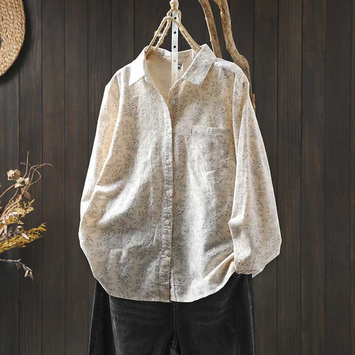 Buddha Stones秋の花柄プリントデザイン ボタン レディース コットン 長袖シャツ - オールドレース - US6、 UK/AU10、 EU38 (L) - image 0