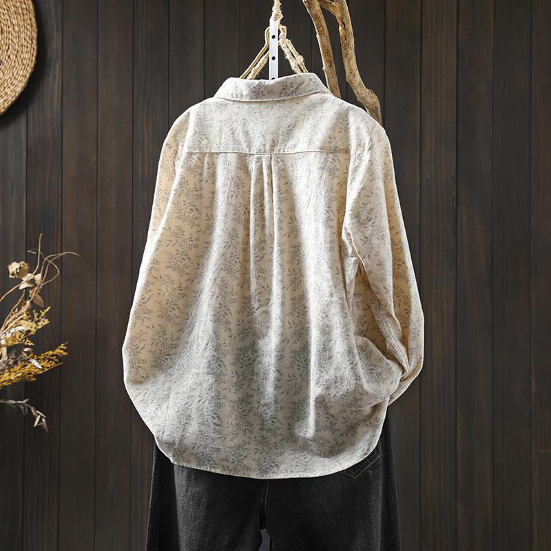 Buddha Stones秋の花柄プリントデザイン ボタン レディース コットン 長袖シャツ - image 2