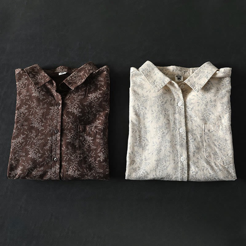 Buddha Stones秋の花柄プリントデザイン ボタン レディース コットン 長袖シャツ - image 12