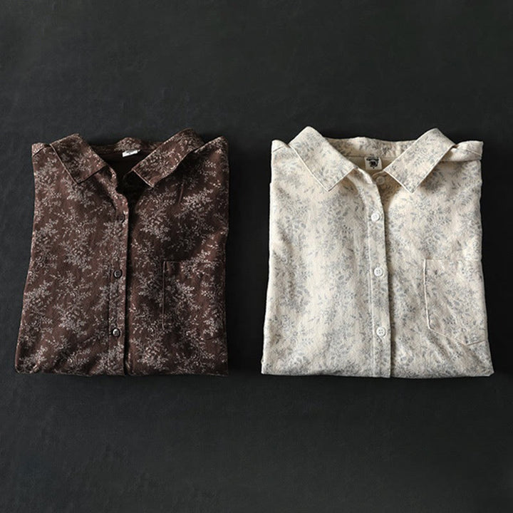 Buddha Stones秋の花柄プリントデザイン ボタン レディース コットン 長袖シャツ - image 12