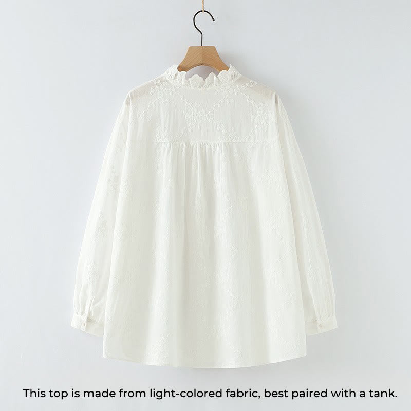 Buddha Stonesの秋のフリル襟刺繍レリーフフラワーボタンレディースコットン長袖シャツ - image 3