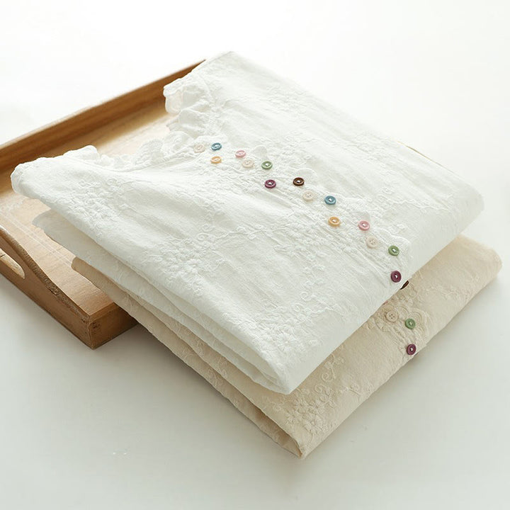 Buddha Stonesの秋のフリル襟刺繍レリーフフラワーボタンレディースコットン長袖シャツ - image 15