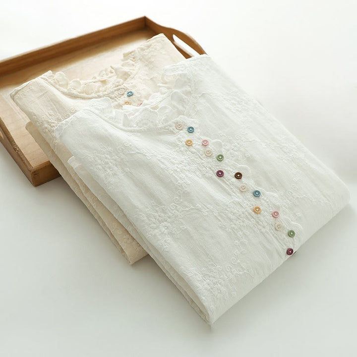 Buddha Stonesの秋のフリル襟刺繍レリーフフラワーボタンレディースコットン長袖シャツ - image 14