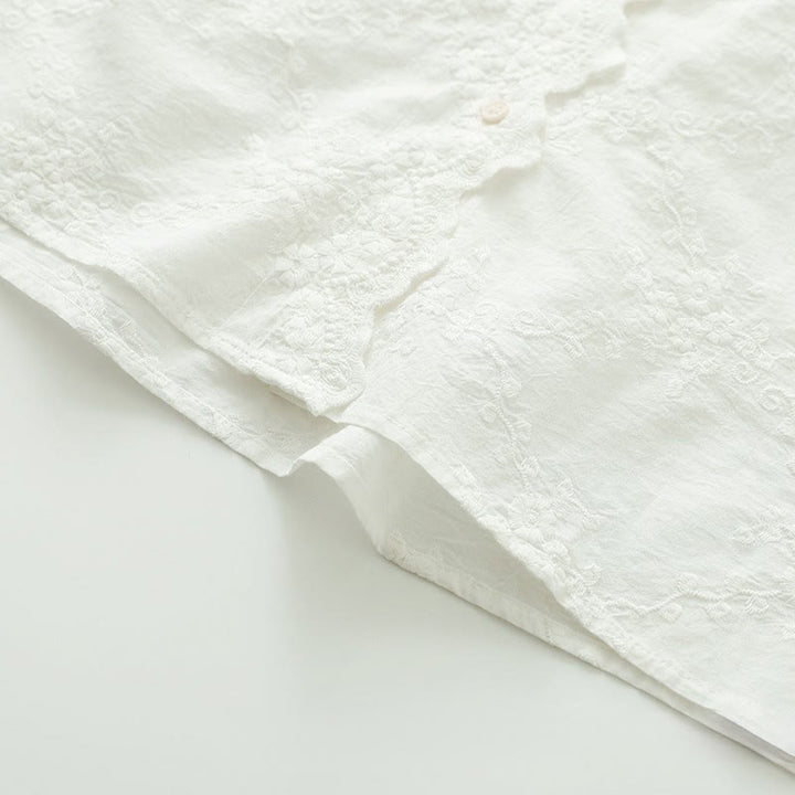 Buddha Stonesの秋のフリル襟刺繍レリーフフラワーボタンレディースコットン長袖シャツ - image 9