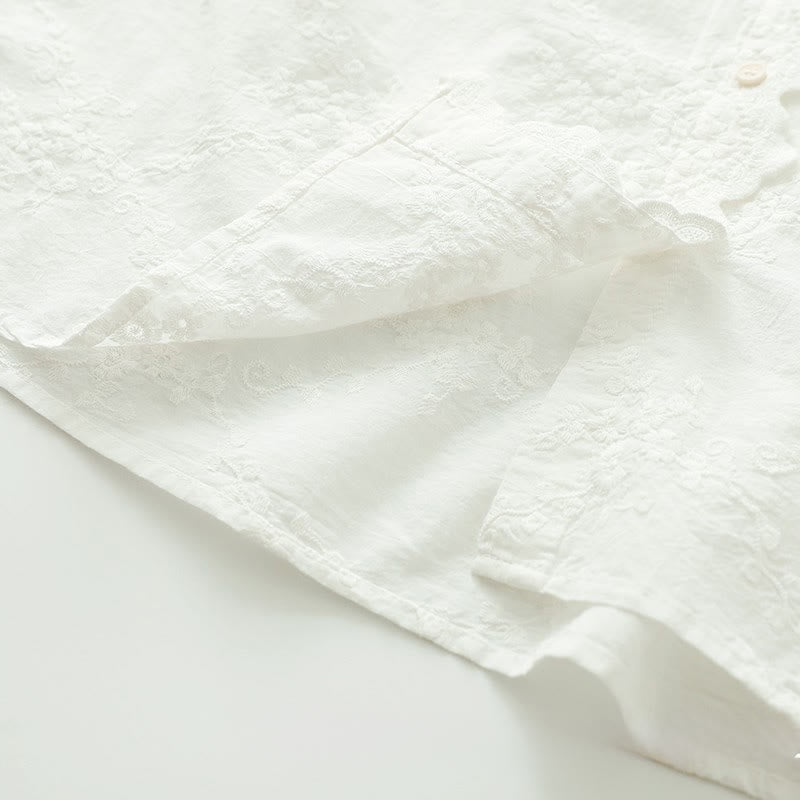 Buddha Stonesの秋のフリル襟刺繍レリーフフラワーボタンレディースコットン長袖シャツ - image 10