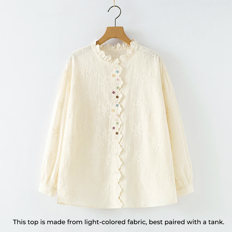 Buddha Stonesの秋のフリル襟刺繍レリーフフラワーボタンレディースコットン長袖シャツ - image 1