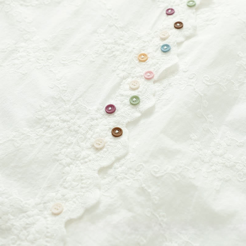 Buddha Stonesの秋のフリル襟刺繍レリーフフラワーボタンレディースコットン長袖シャツ - image 6