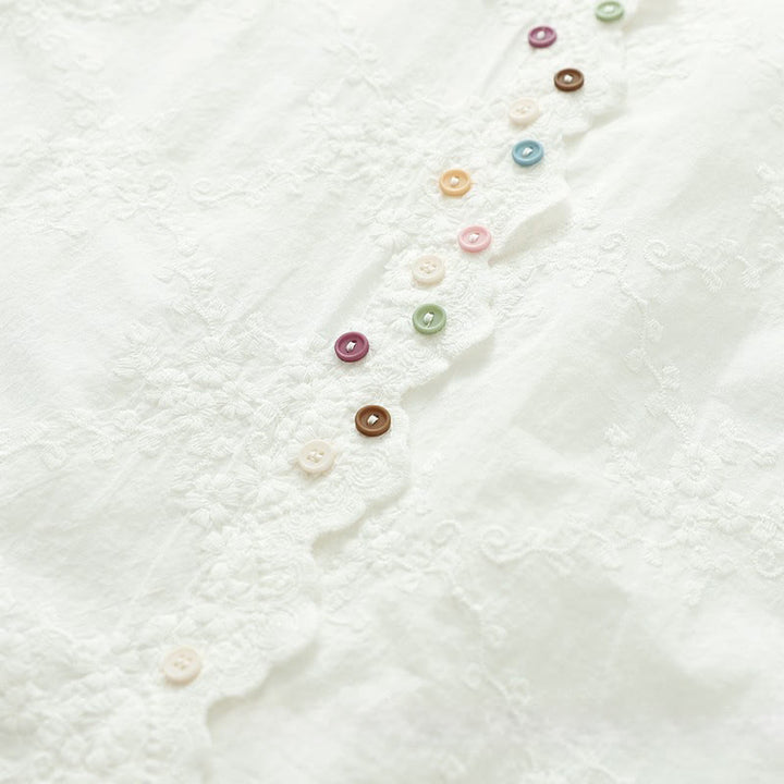 Buddha Stonesの秋のフリル襟刺繍レリーフフラワーボタンレディースコットン長袖シャツ - image 6