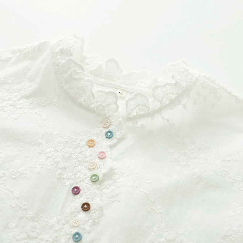 Buddha Stonesの秋のフリル襟刺繍レリーフフラワーボタンレディースコットン長袖シャツ - image 5