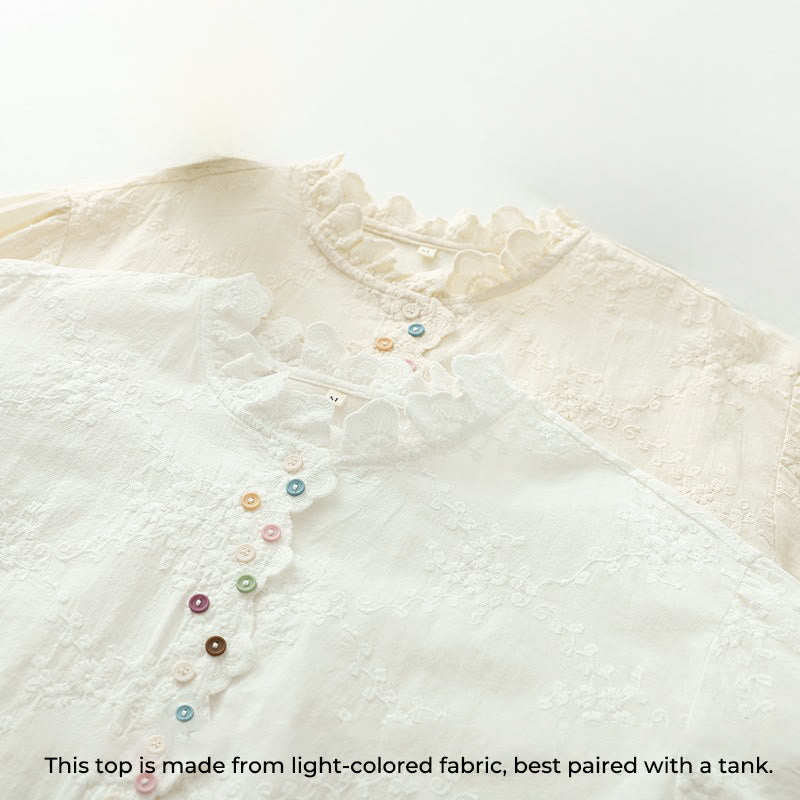 Buddha Stonesの秋のフリル襟刺繍レリーフフラワーボタンレディースコットン長袖シャツ - image 4