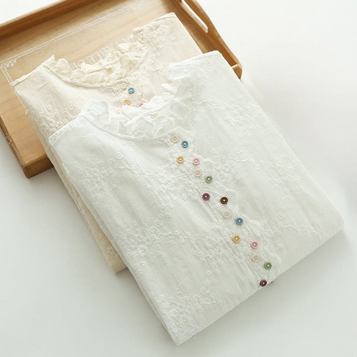 Buddha Stonesの秋のフリル襟刺繍レリーフフラワーボタンレディースコットン長袖シャツ - image 13