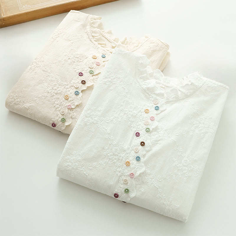 Buddha Stonesの秋のフリル襟刺繍レリーフフラワーボタンレディースコットン長袖シャツ - image 12