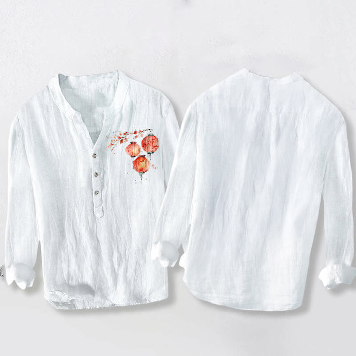 Buddha Stonesシンプル レッド 花 ランタン柄 ハーフボタン メンズ コットン リネン 長袖シャツ - image 5