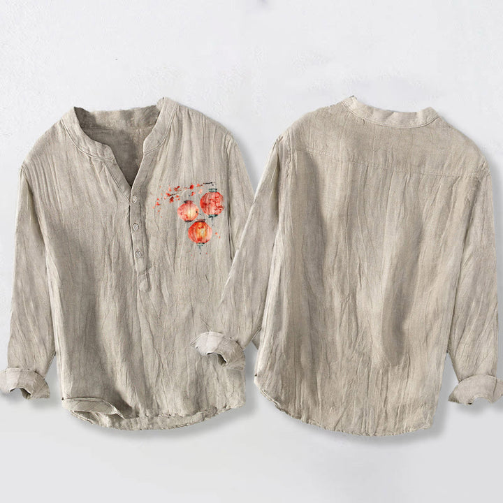 Buddha Stonesシンプル レッド 花 ランタン柄 ハーフボタン メンズ コットン リネン 長袖シャツ - image 8