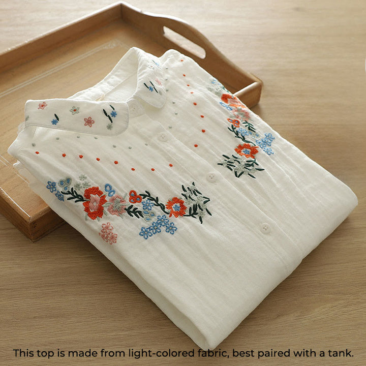 Buddha Stones秋 ホワイト カラフル 花柄 刺繍 ボタン レディース コットン 長袖シャツ - image 3