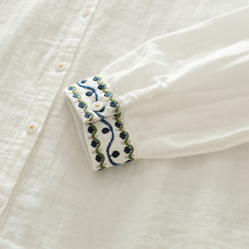 Buddha Stones秋 ホワイト 幾何学模様 刺繍 ボタン レディース コットン 長袖シャツ - image 8