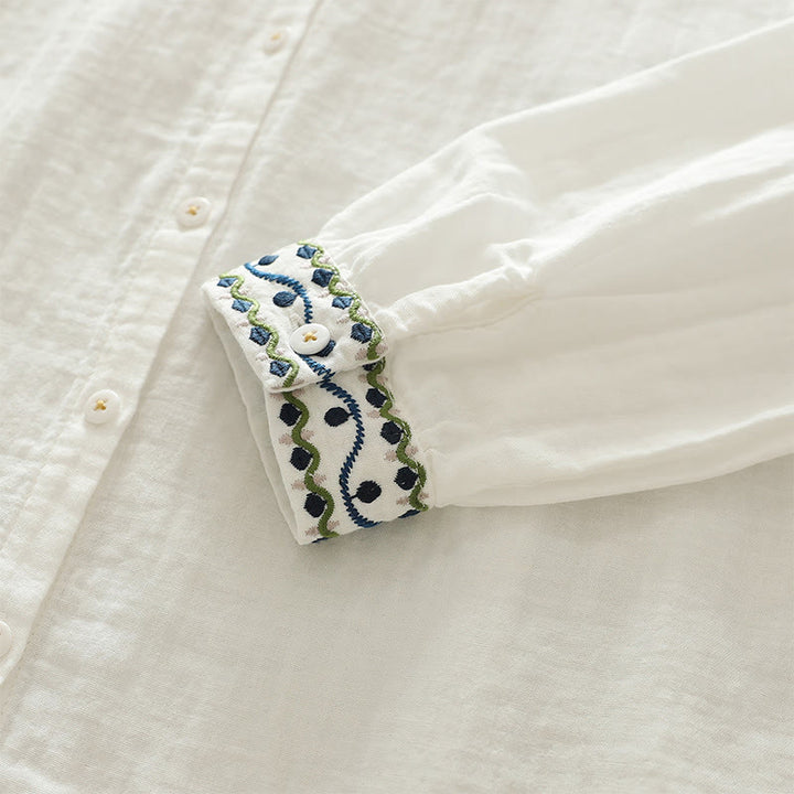 Buddha Stones秋 ホワイト 幾何学模様 刺繍 ボタン レディース コットン 長袖シャツ - image 8