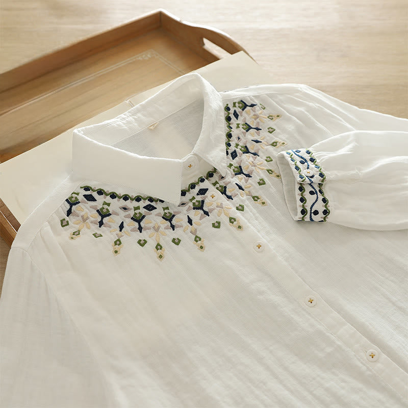 Buddha Stones秋 ホワイト 幾何学模様 刺繍 ボタン レディース コットン 長袖シャツ - 白 - US4、 UK/AU8、 EU36 (L) - image 0