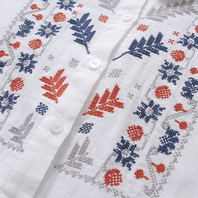 Buddha Stones秋 ホワイト 幾何学模様 ストライプ 花 刺繍 ボタン レディース コットン 長袖シャツ - image 5