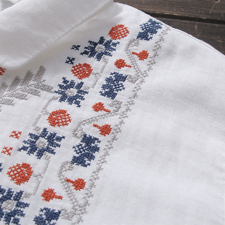 Buddha Stones秋 ホワイト 幾何学模様 ストライプ 花 刺繍 ボタン レディース コットン 長袖シャツ - image 3