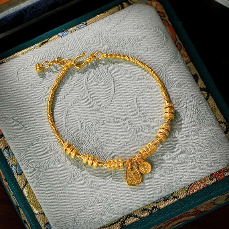 Buddha Stones24K 金メッキ 真鍮 福文字 幸運のお守り良縁祈願ブレスレット - image 0