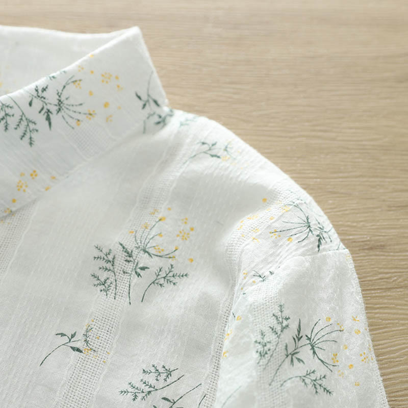 Buddha Stones、秋、白、黄色の花、緑の葉、ボタン、レディースコットン長袖シャツ - image 5