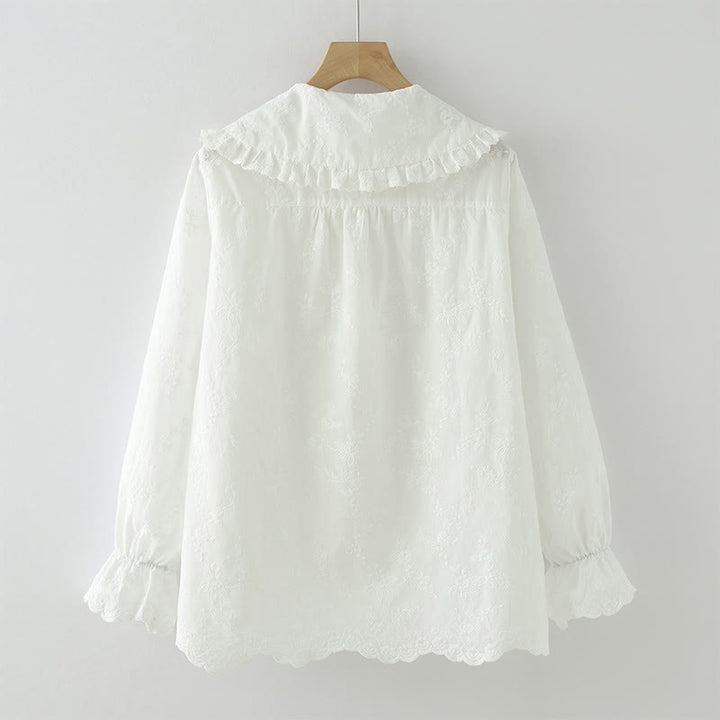 Buddha Stones秋 ホワイト 花柄 刺繍 ピーターパンカラー ボタン レディース コットン 長袖シャツ - image 3