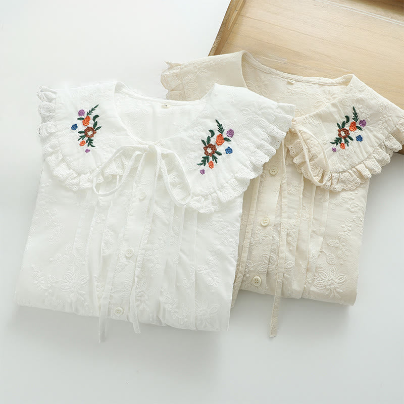 Buddha Stones秋 ホワイト 花柄 刺繍 ピーターパンカラー ボタン レディース コットン 長袖シャツ - image 11