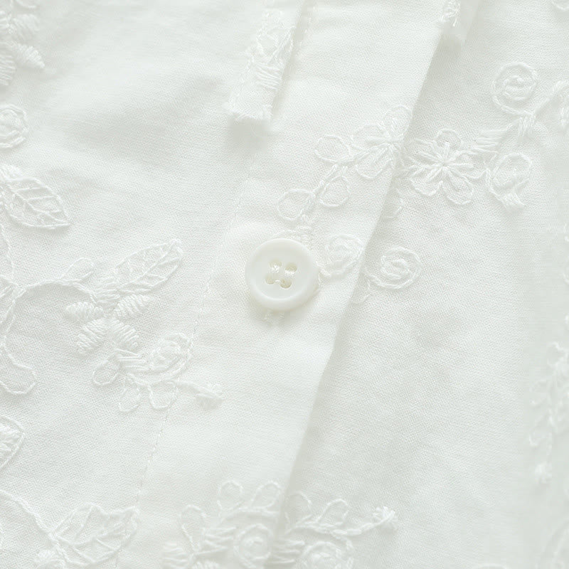 Buddha Stones秋 ホワイト 花柄 刺繍 ピーターパンカラー ボタン レディース コットン 長袖シャツ - image 7