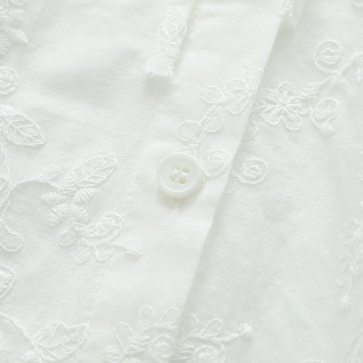 Buddha Stones秋 ホワイト 花柄 刺繍 ピーターパンカラー ボタン レディース コットン 長袖シャツ - image 7