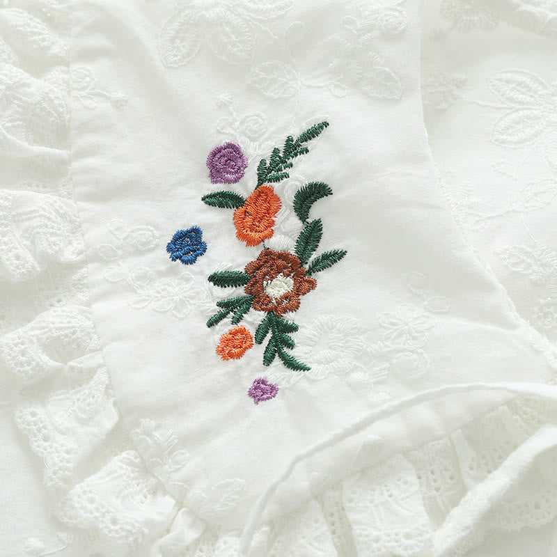 Buddha Stones秋 ホワイト 花柄 刺繍 ピーターパンカラー ボタン レディース コットン 長袖シャツ - image 6