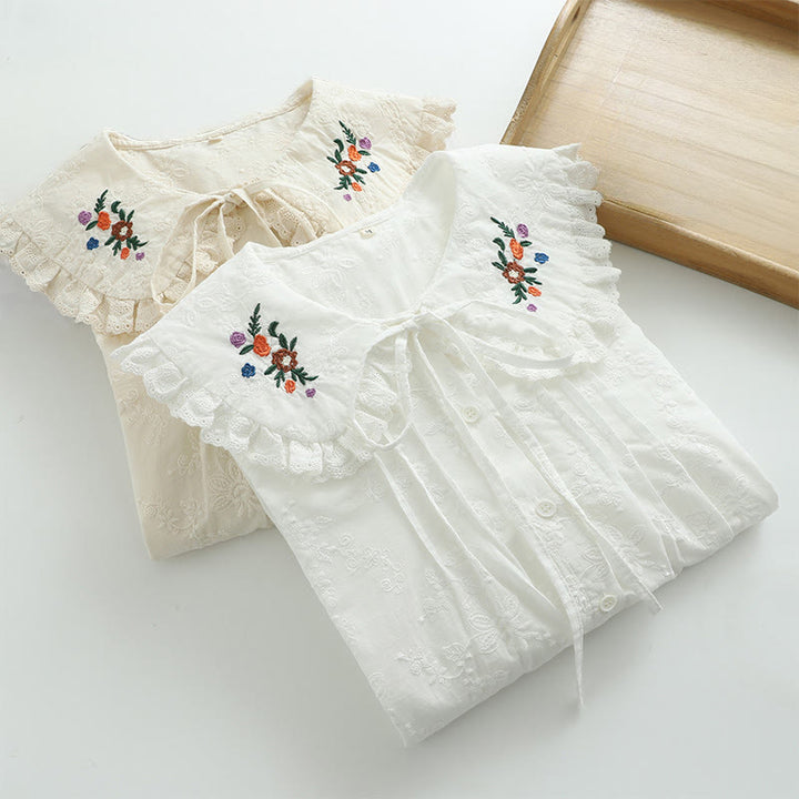 Buddha Stones秋 ホワイト 花柄 刺繍 ピーターパンカラー ボタン レディース コットン 長袖シャツ - image 10