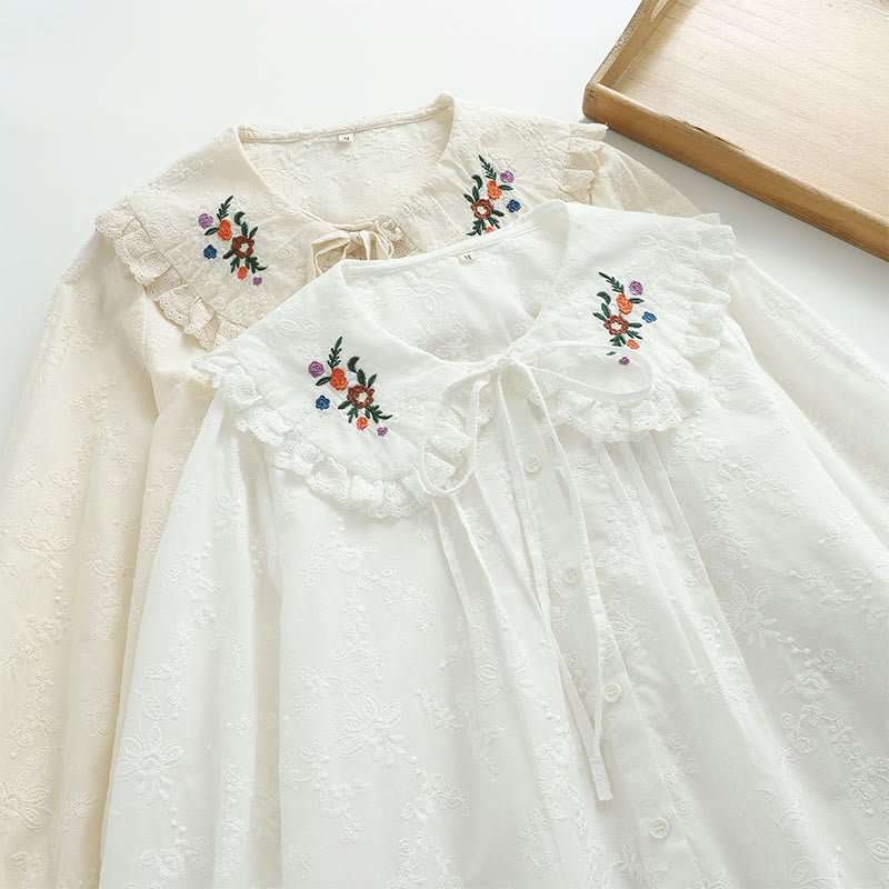 Buddha Stones秋 ホワイト 花柄 刺繍 ピーターパンカラー ボタン レディース コットン 長袖シャツ - image 12