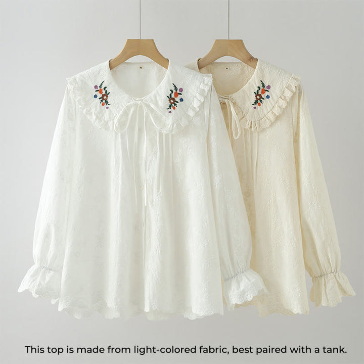 Buddha Stones秋 ホワイト 花柄 刺繍 ピーターパンカラー ボタン レディース コットン 長袖シャツ - image 1