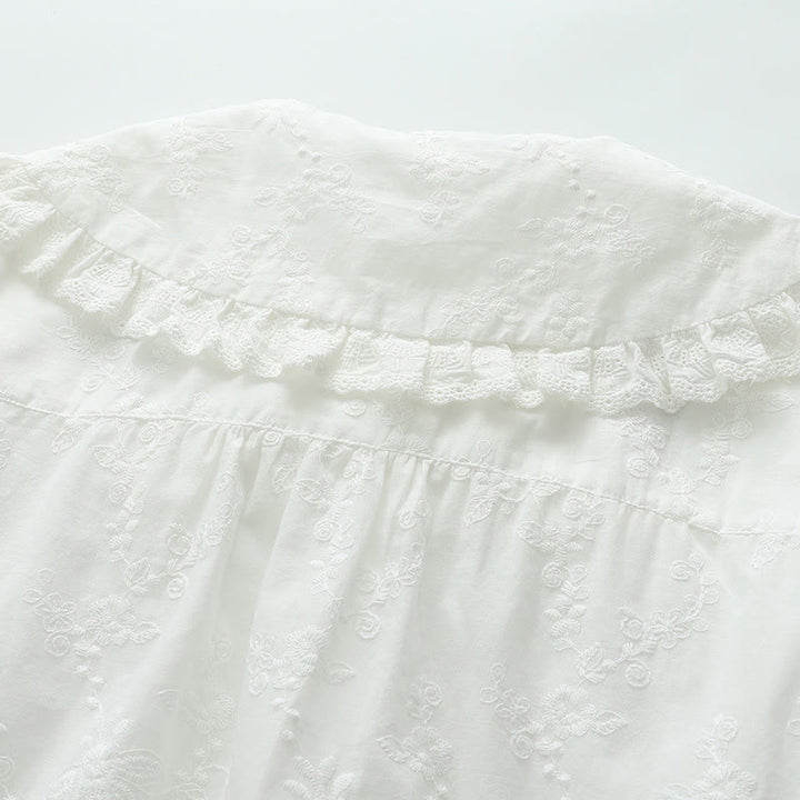 Buddha Stones秋 ホワイト 花柄 刺繍 ピーターパンカラー ボタン レディース コットン 長袖シャツ - image 5