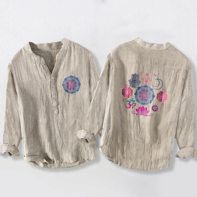 Buddha Stones、曼荼羅、オーム・ロータス、ハムサの手、ハーフボタン、メンズコットンリネン長袖シャツ - リネン - US/UK/AU50、EU60 (5XL) - image 3