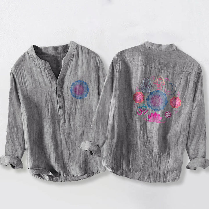 Buddha Stones、曼荼羅、オーム・ロータス、ハムサの手、ハーフボタン、メンズコットンリネン長袖シャツ - グレー - US/UK/AU50、EU60 (5XL) - image 6